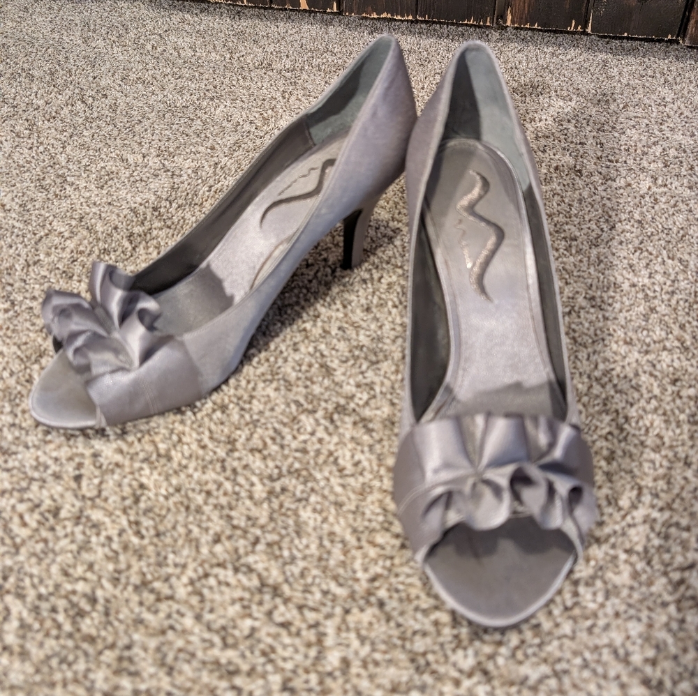 Elegant Silver Peep-Toe Heels, Size 10